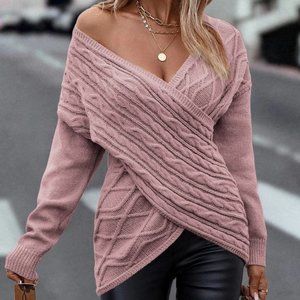 Pink Preppy Womens Wrap Cross Drop Shoulder Cable Knit Sweater